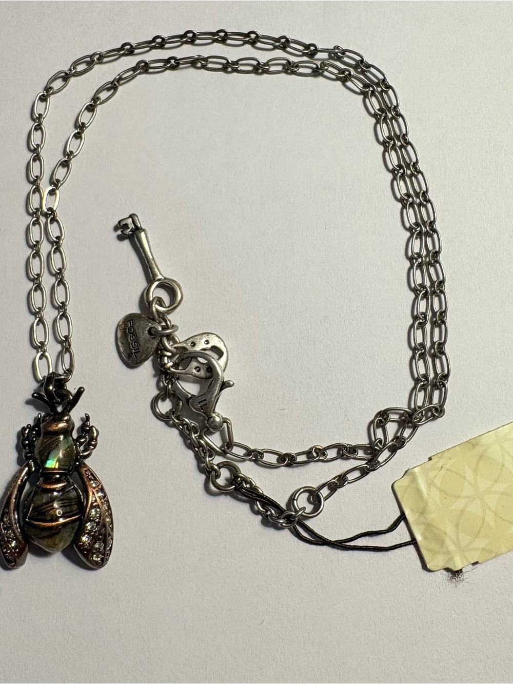 NWT Vintage Fossil Abalone and Bronze Bee Pendant on Silvertone chain